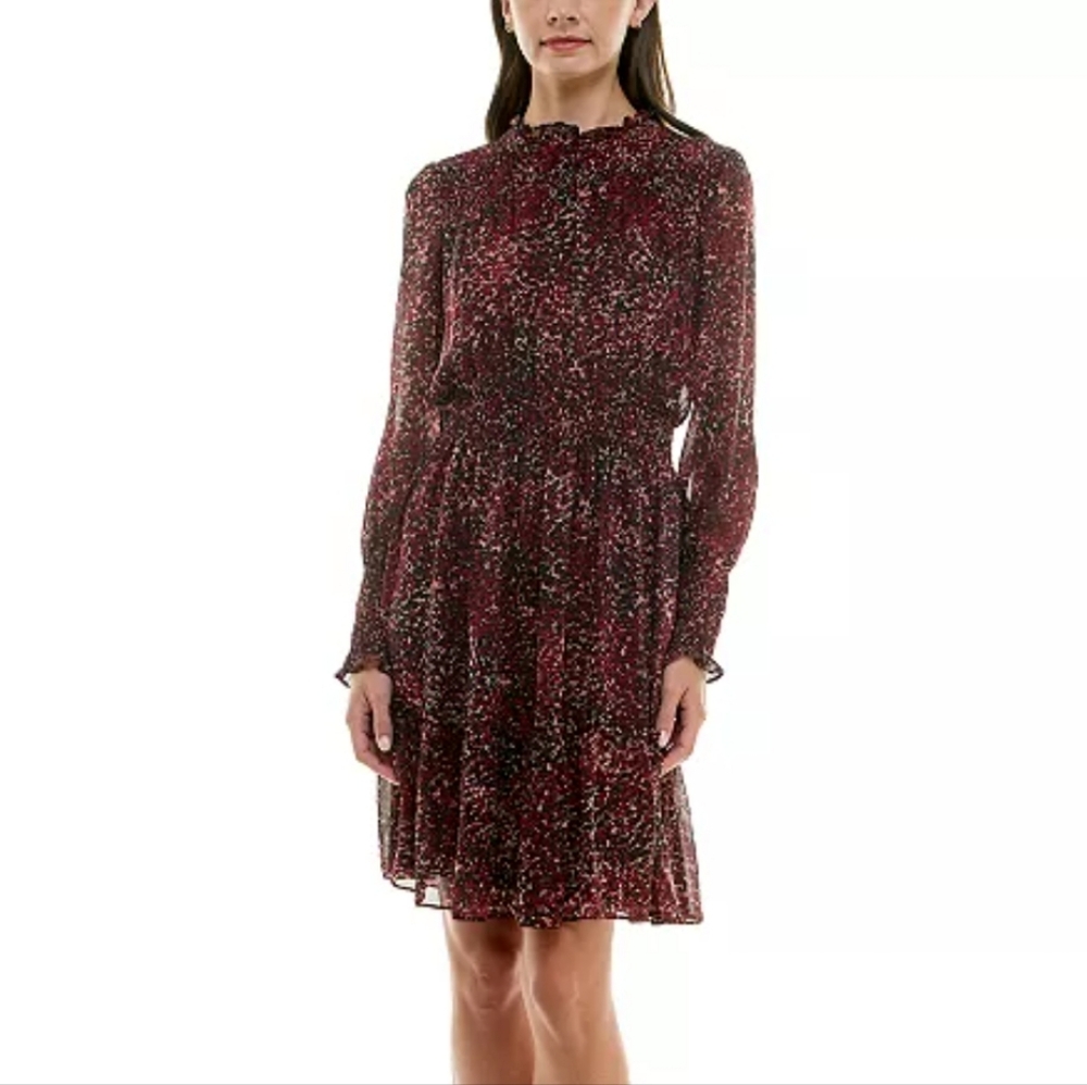 ◇◇ Just Taylor Crimson and Black Floral Long-sleeved Chiffon Dress Size 10